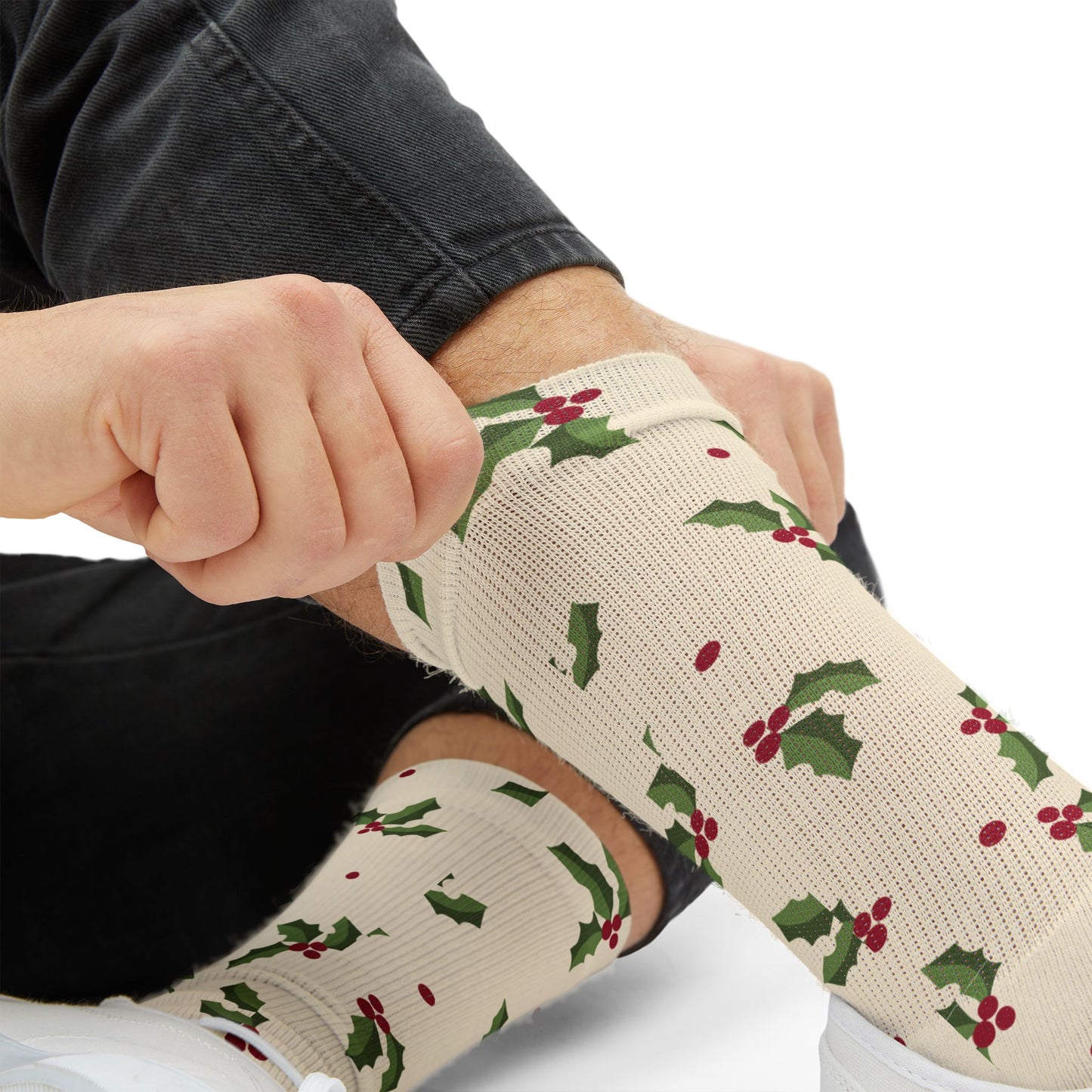 Cream Christmas Socks with Green Holly & Red Berries — Holiday Holly Sublimation Socks