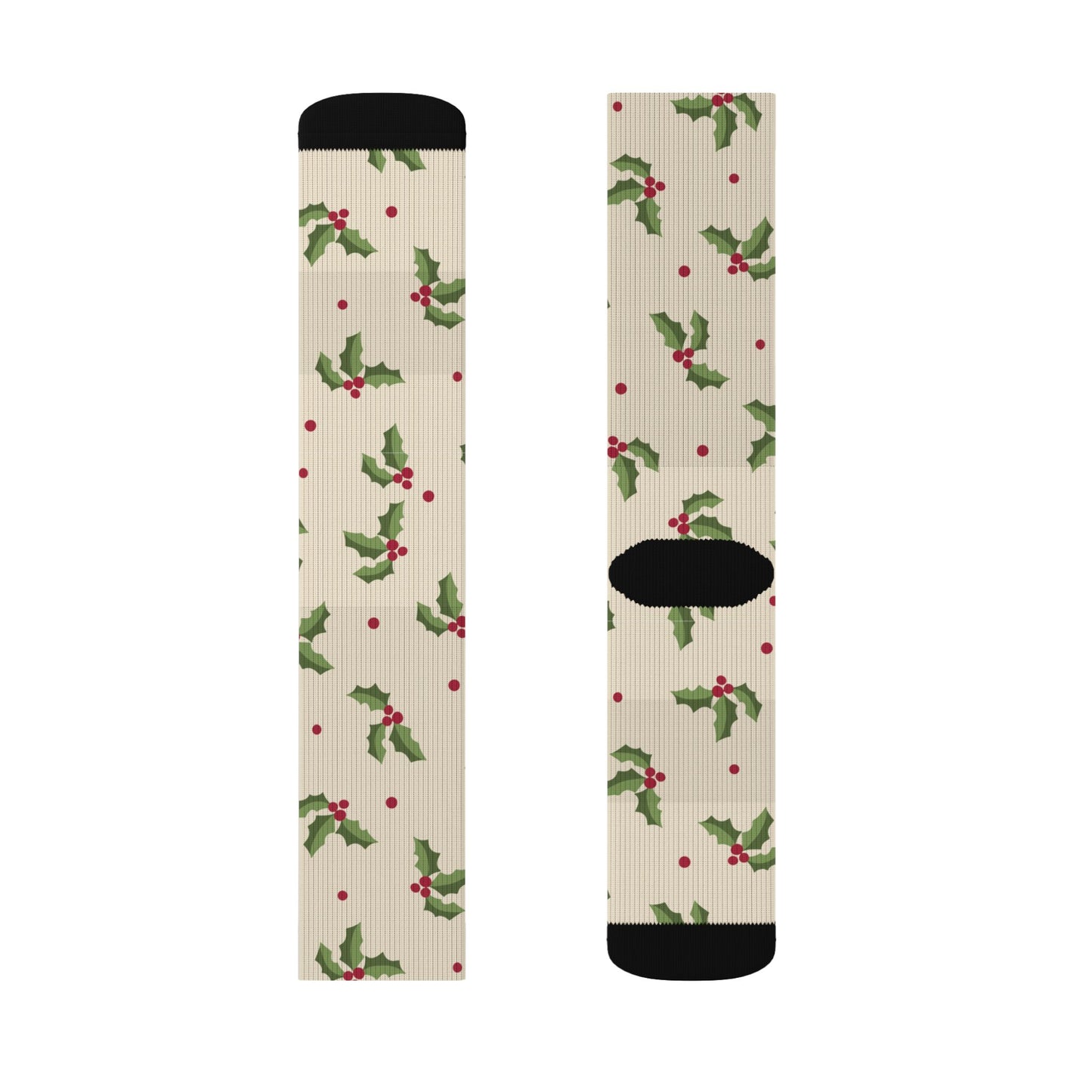 Cream Christmas Socks with Green Holly & Red Berries — Holiday Holly Sublimation Socks