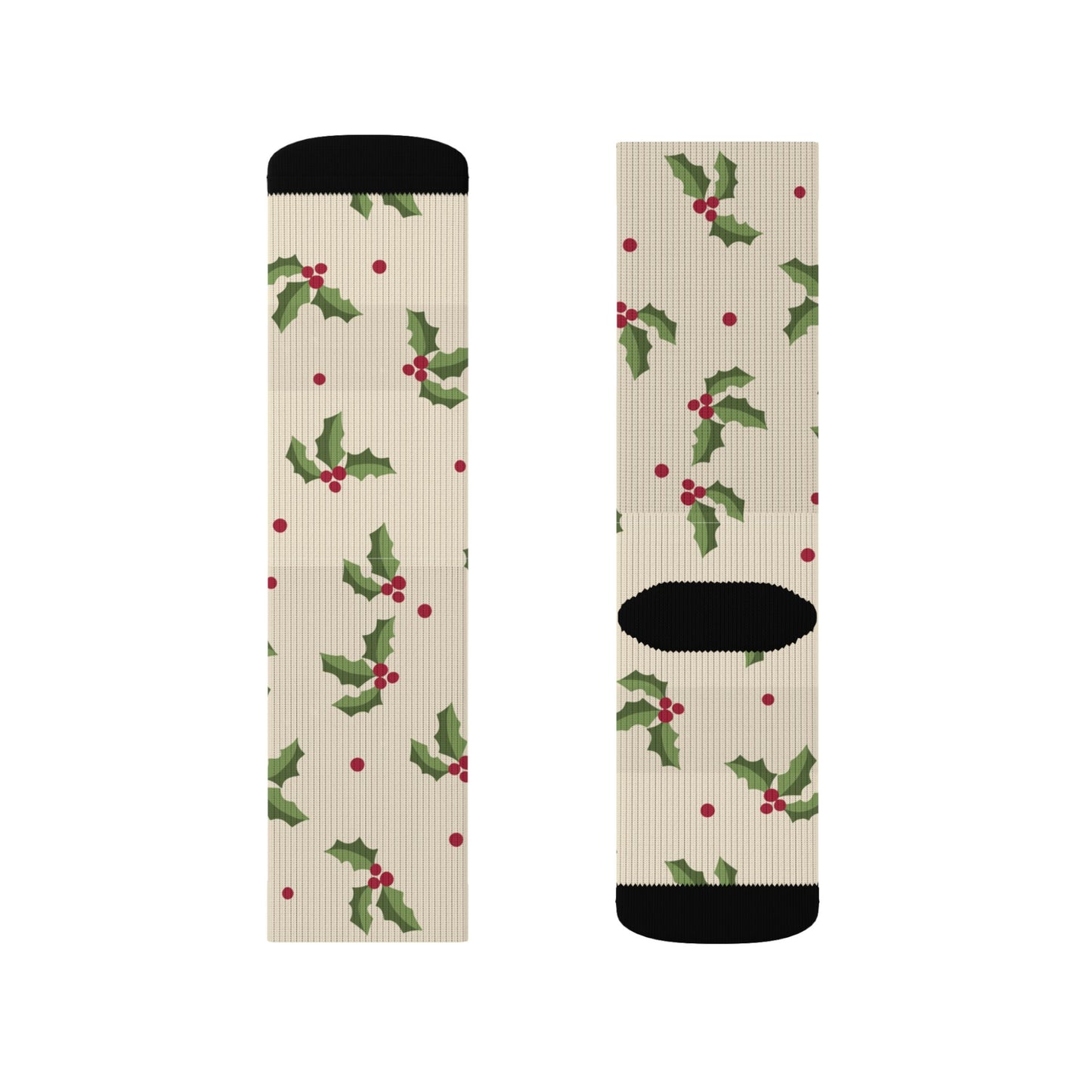 Cream Christmas Socks with Green Holly & Red Berries — Holiday Holly Sublimation Socks