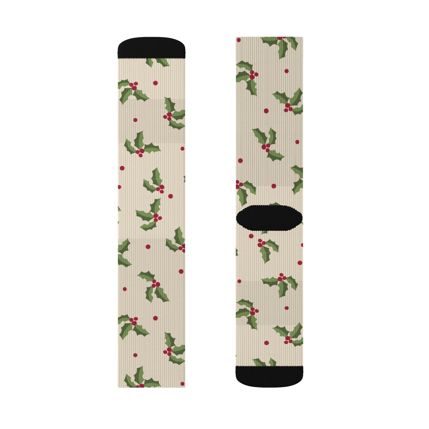 Cream Christmas Socks with Green Holly & Red Berries — Holiday Holly Sublimation Socks