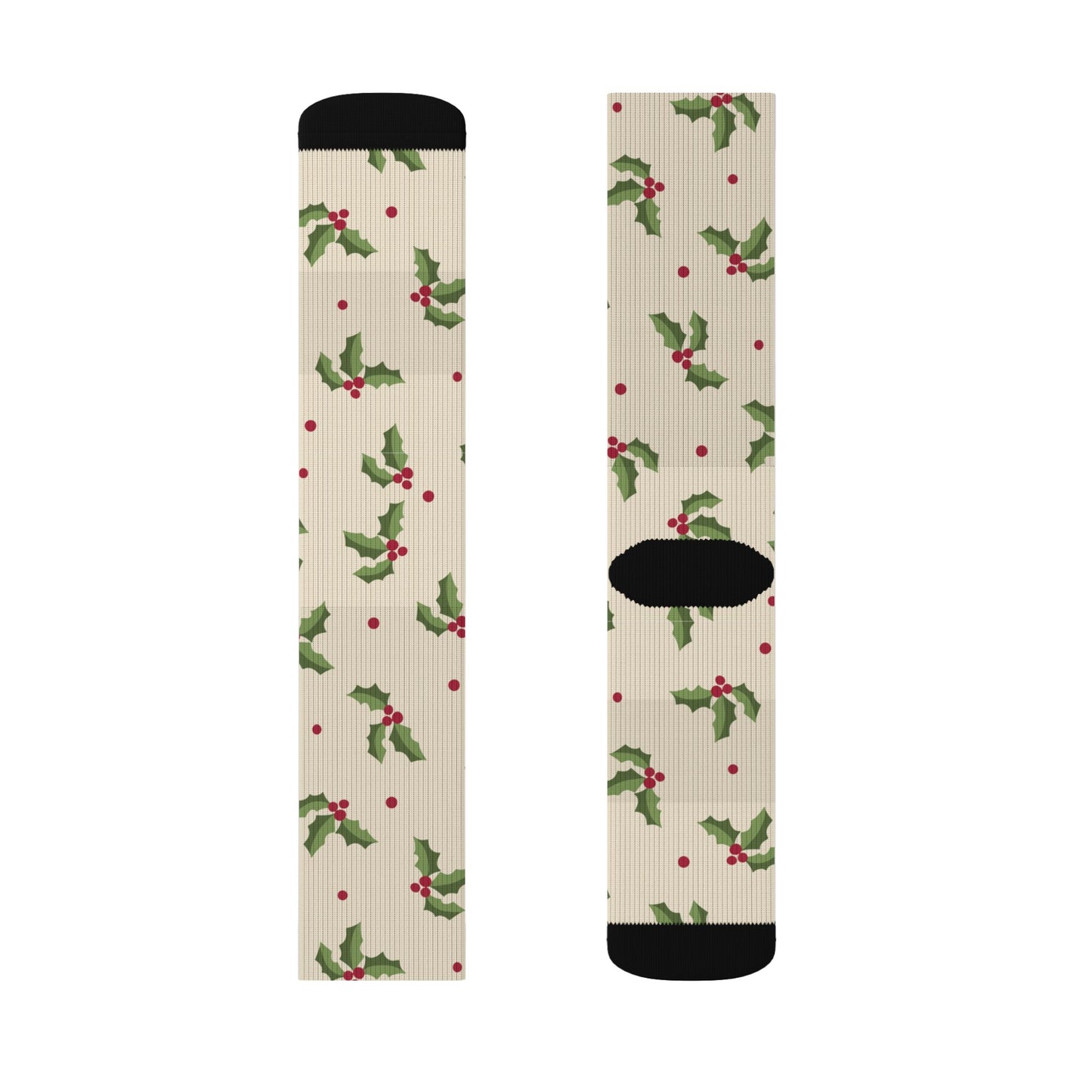 Cream Christmas Socks with Green Holly & Red Berries — Holiday Holly Sublimation Socks