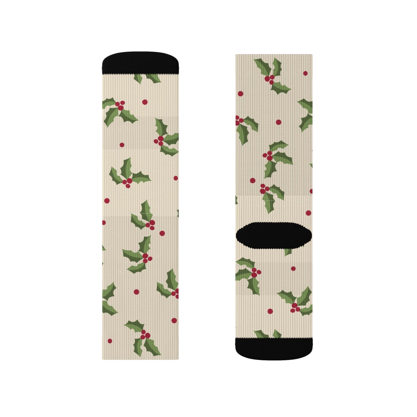 Cream Christmas Socks with Green Holly & Red Berries — Holiday Holly Sublimation Socks