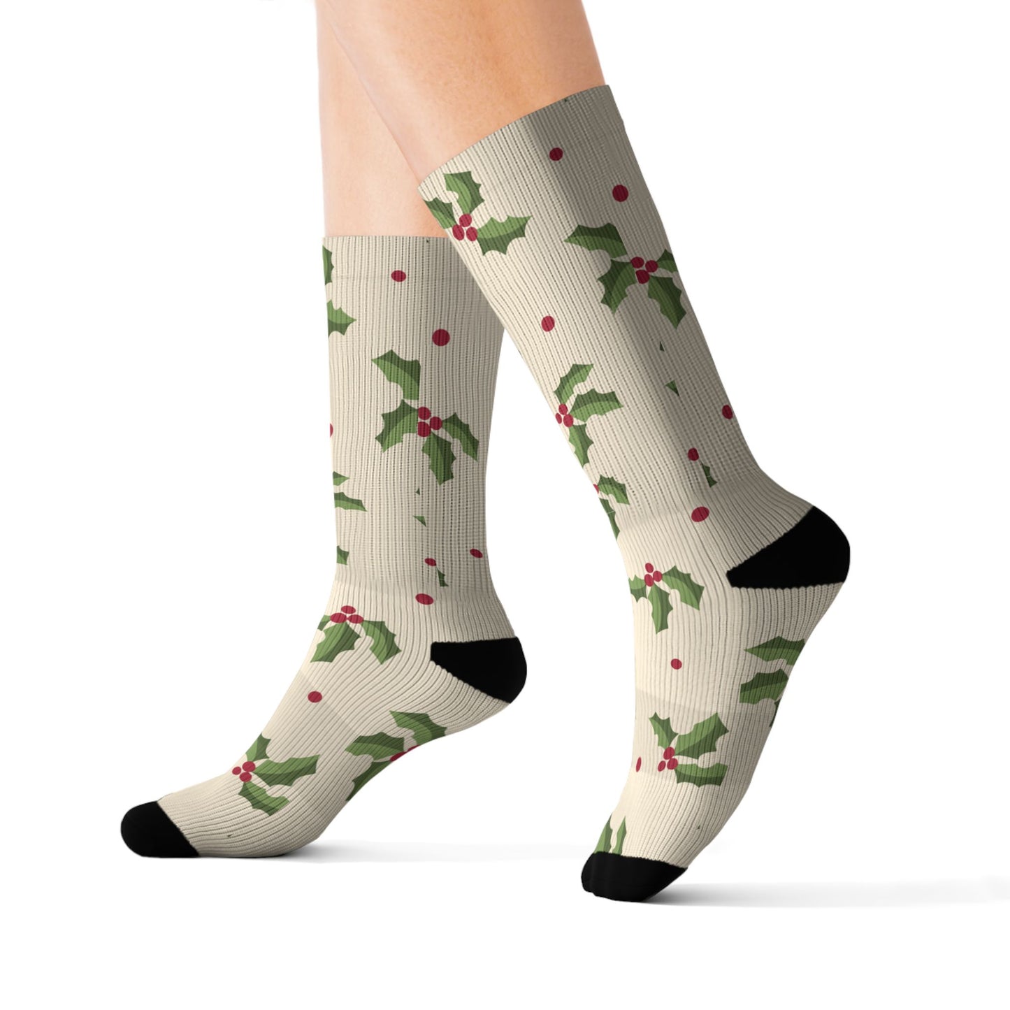 Cream Christmas Socks with Green Holly & Red Berries — Holiday Holly Sublimation Socks