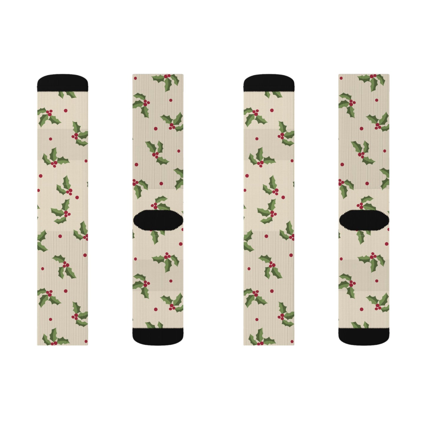 Cream Christmas Socks with Green Holly & Red Berries — Holiday Holly Sublimation Socks