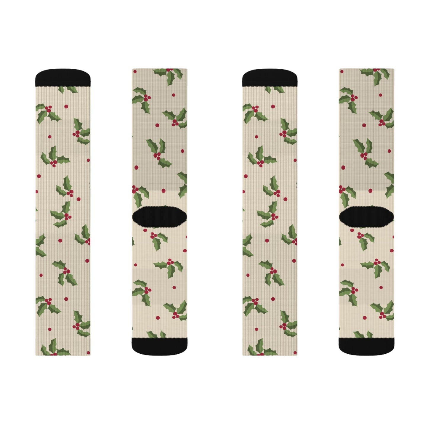 Cream Christmas Socks with Green Holly & Red Berries — Holiday Holly Sublimation Socks