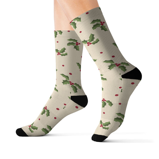 Cream Christmas Socks with Green Holly & Red Berries — Holiday Holly Sublimation Socks